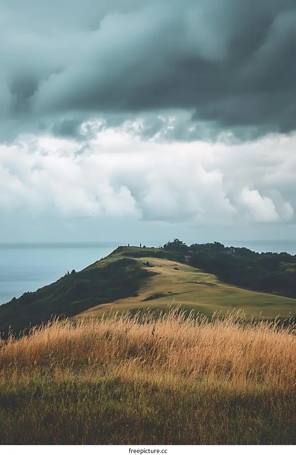 Green Hill Under A Cloudy Sky