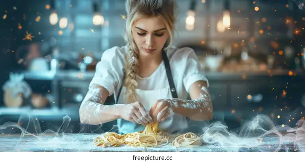 Focused young female chef making fresh pasta in the kitchen