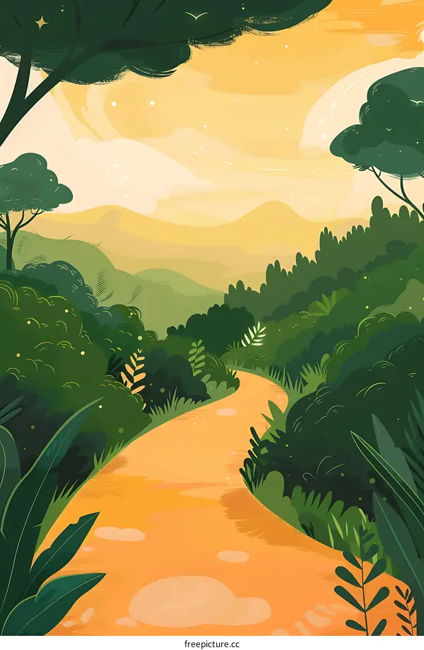 Path Through Lush Green Forest with Winding Road and Orange Sky