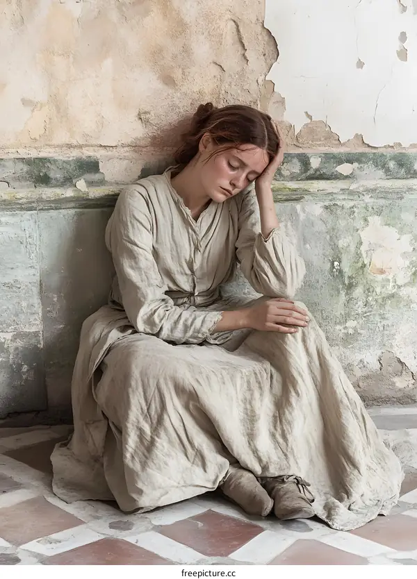 Woman in Long Dress Sits Leaning Against Wall, Resting Head on Her Hand