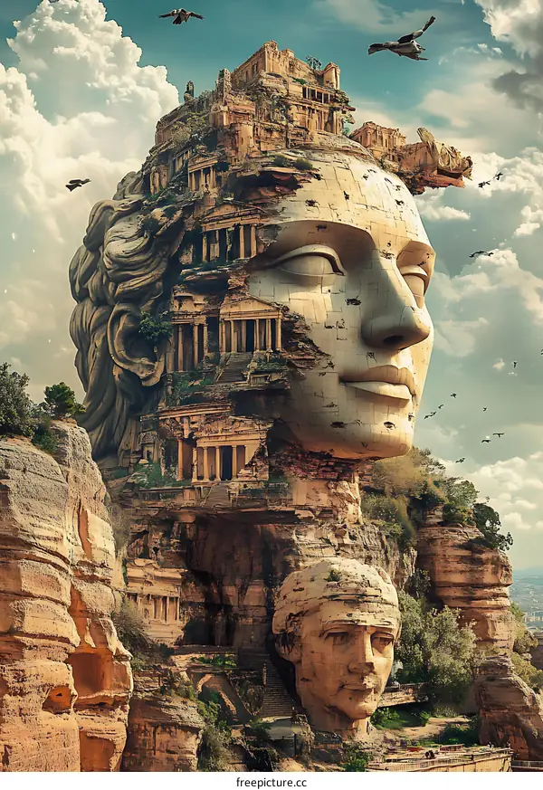 Ancient Ruins and Stone Head Sculpture in the Clouds