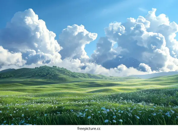 Green Grass Field with Blue Flowers and White Fluffy Clouds