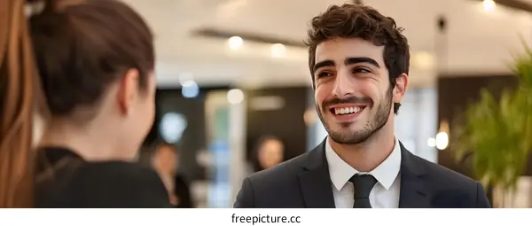 Smiling Businessman Talking to Woman in Office