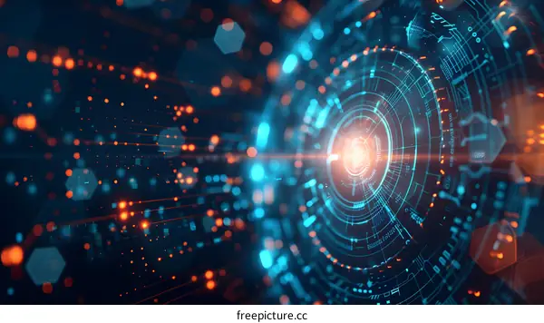 Blue and orange technology background with a glowing circle in the center