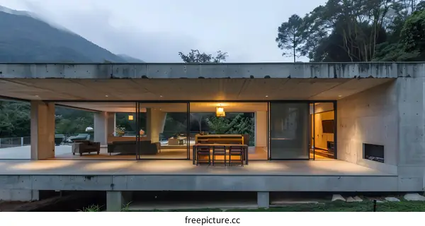 Modern Concrete House with Glass Doors and Mountain Views