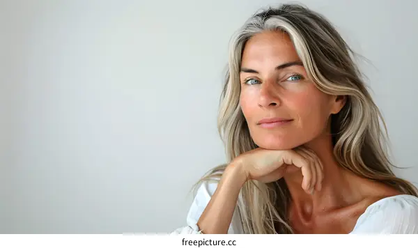Woman with grey hair and blue eyes