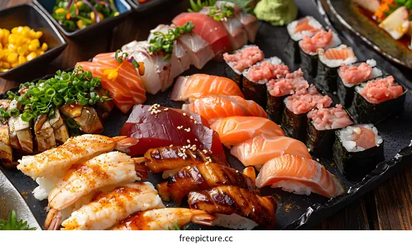 A variety of sushi and sashimi on a black plate