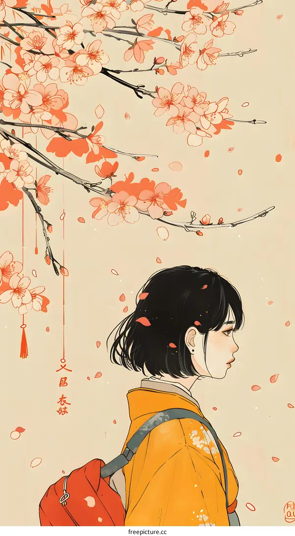 Girl in a Yellow Kimono with Cherry Blossoms Falling