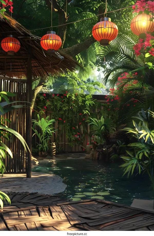 Jungle Garden with Red Lanterns and Pond
