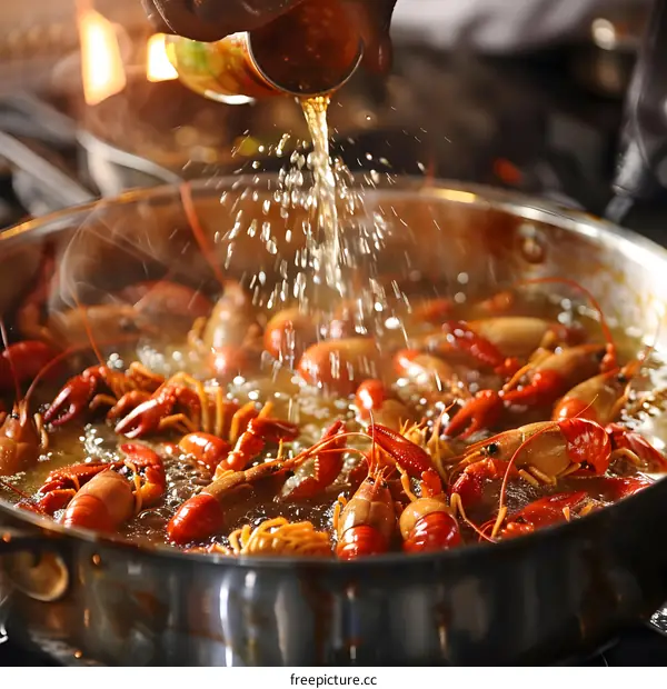Pouring Beer into a Pan of Crawfish Boil