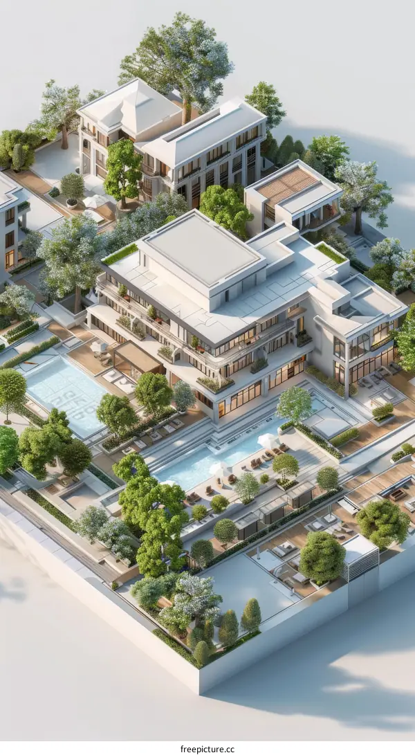 Aerial view of a modern luxury house with swimming pool