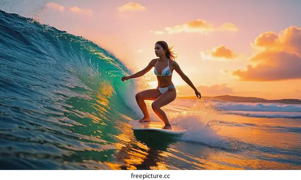 Surfing Girl at Sunset in Ocean