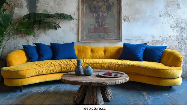 Vintage Yellow Sectional Sofa in a Rustic Living Room