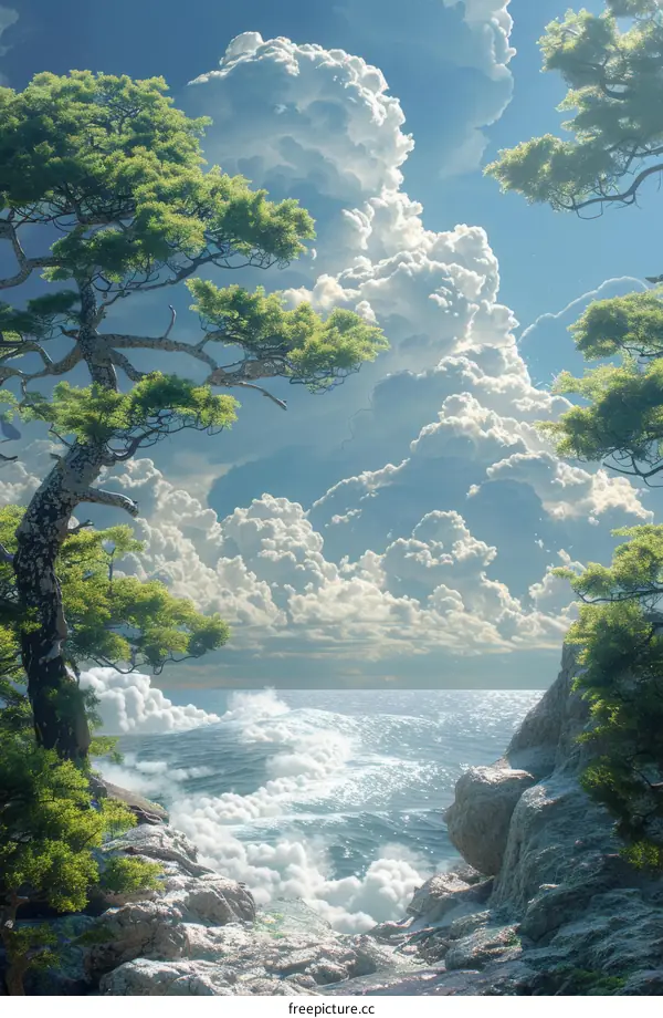 Stormy Ocean View Between Cliff Trees