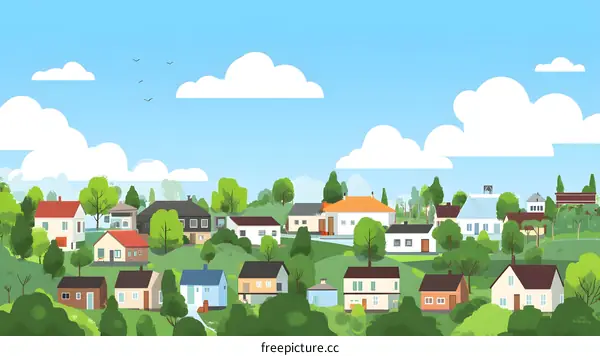 Cartoon Illustration of a Small Town with Houses and Trees Under a Blue Sky with White Clouds