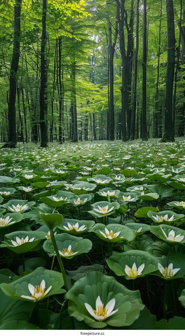 lush green forest with white flowers