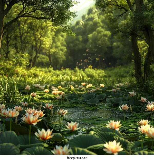 Mystical Forest Pond with Glowing Water Lilies
