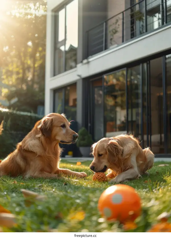 Two Golden Retrievers Playing Fetch in the Backyard