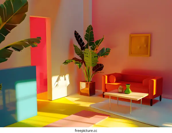 Modern Minimalist Living Room Interior Design with Palm Tree