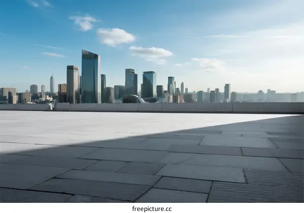 Modern city skyline with empty rooftop and clear blue sky