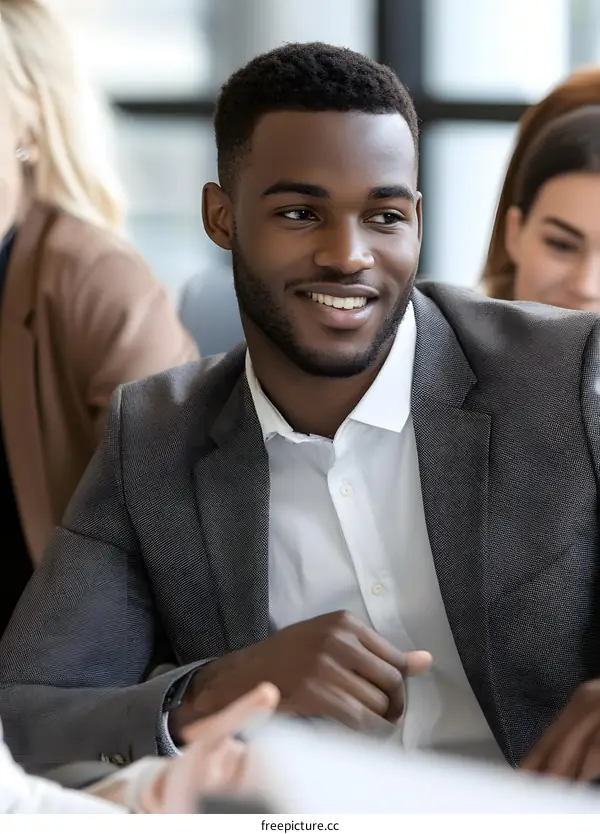 Smiling African American Businessman Sitting in a Meeting