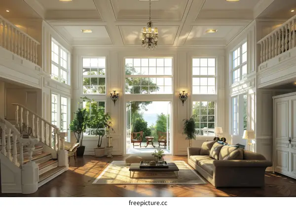 Spacious Living Room with High Ceilings and Large Windows