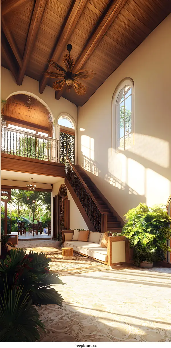 Modern Tropical Home Interior Design with Staircase and Ceiling Fan