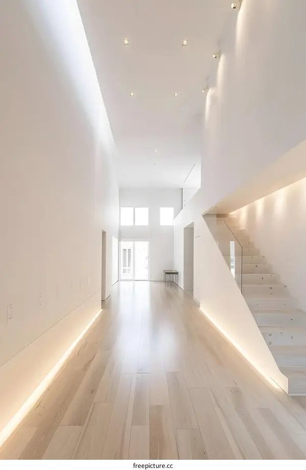 Modern Minimalist White Interior Design with Wooden Floor and Stairs