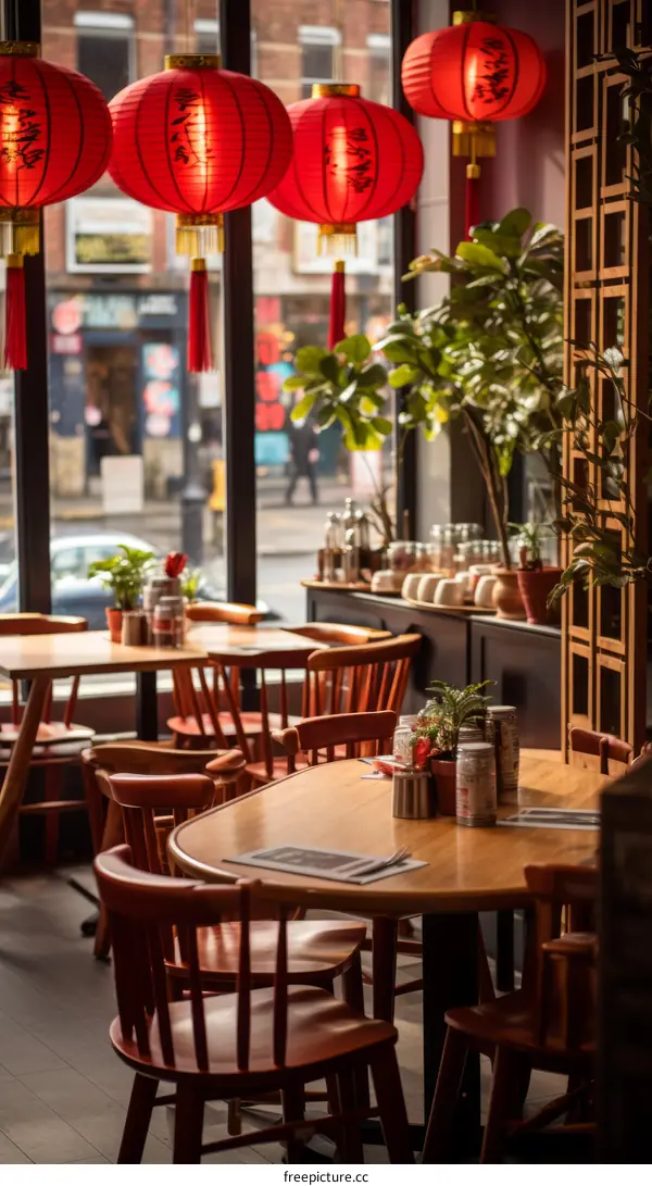 Ornate interior of a Chinese restaurant with red lanterns