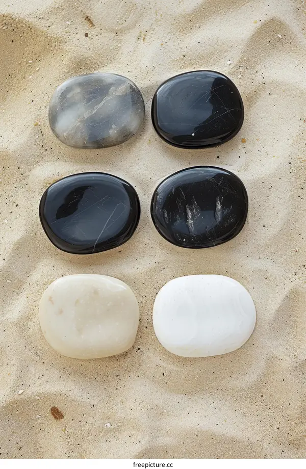 Black and white pebbles on sand background