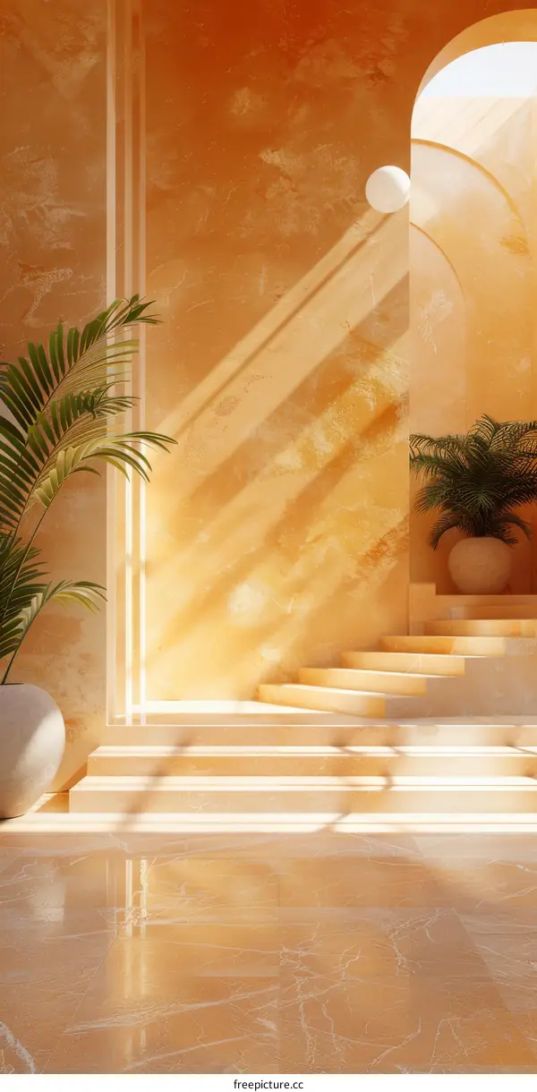 Minimalist Interior Design With Orange Walls and Palm Trees