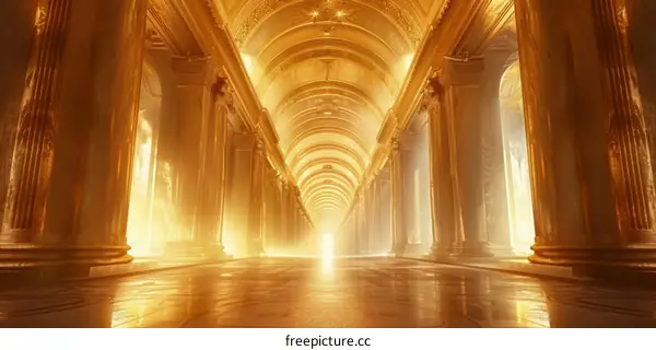 Golden Hallway with Marble Floor and Columns
