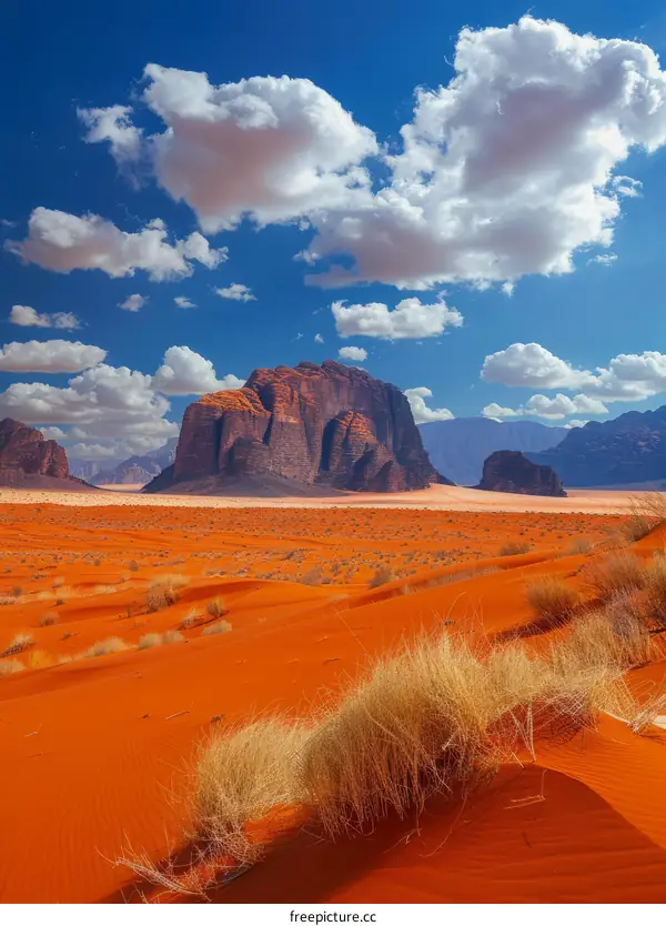 Vast Red Sand Dunes with a Majestic Rock Formation in the Desert