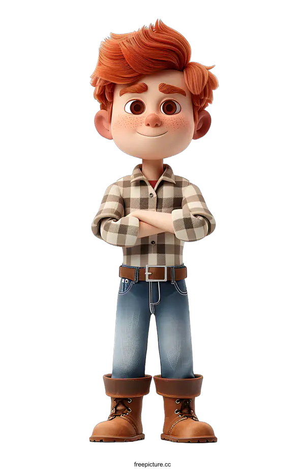 [Transparent Background PNG]3D cartoon character of a boy with red hair and freckles wearing a plaid shirt and jeans