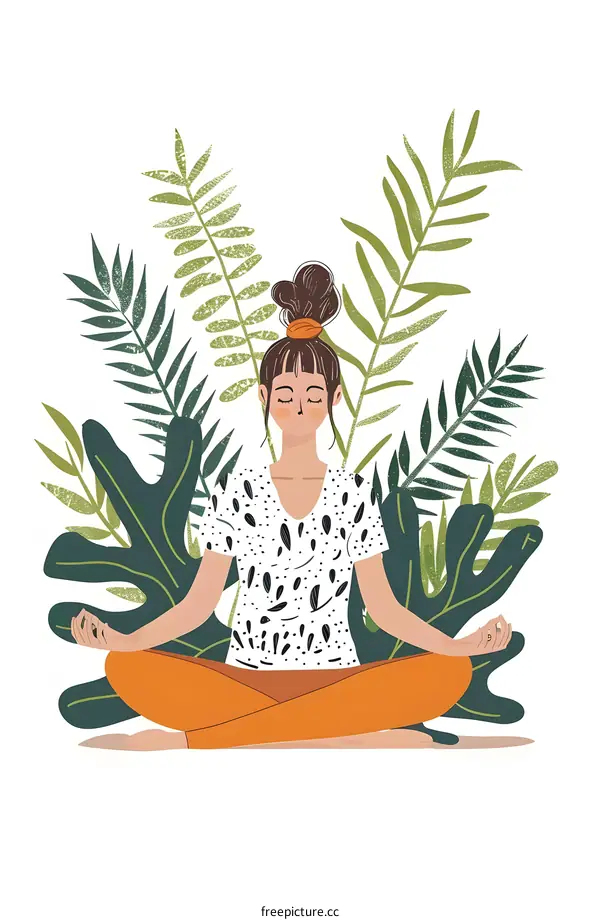 Woman Practicing Yoga In Lush Green Foliage Illustration
