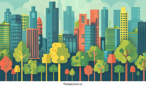 Green City Skyline With Trees In Front