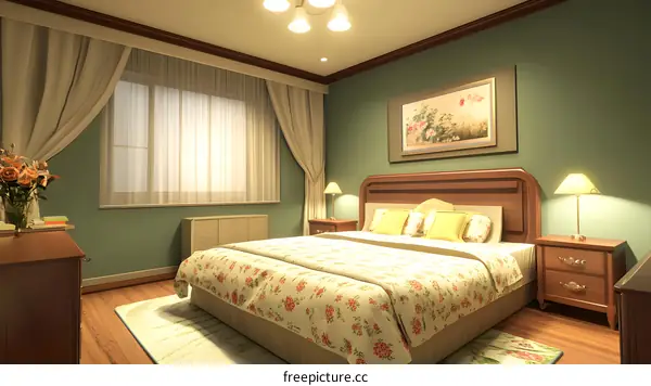 Bedroom Interior Design With Floral Bedding And Wooden Furniture