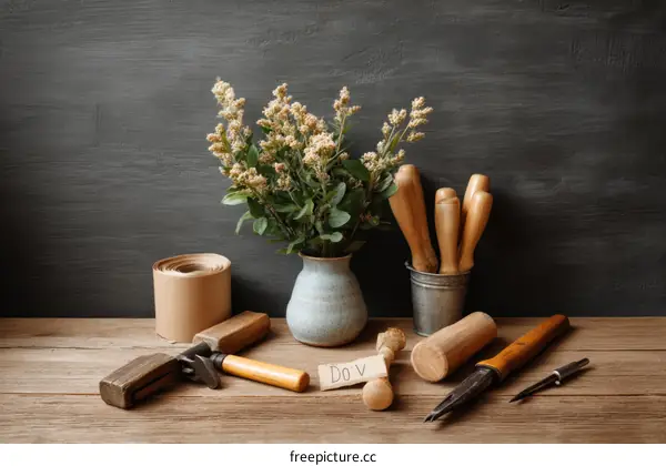Vintage Floral Still Life Arrangement on Wooden Table