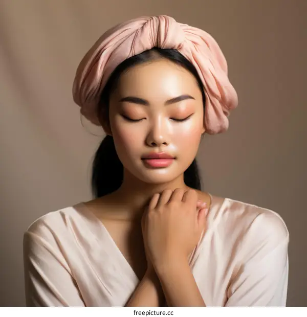 Portrait of a young Asian woman wearing a pink headscarf