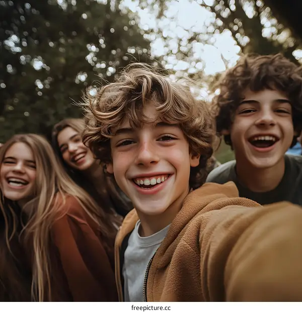 Group of teenagers taking a selfie outdoors