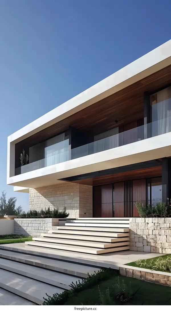 Modern House With Stone Facade And Steps Leading To The Entrance