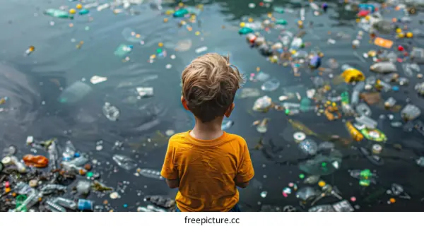 Boy looking at polluted river