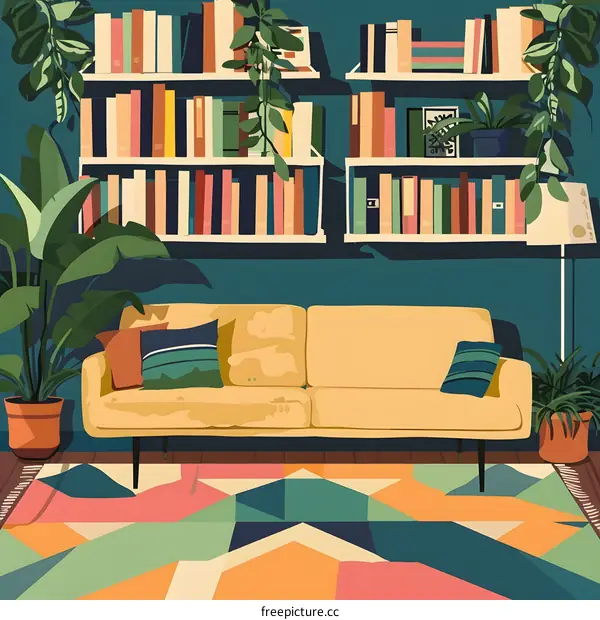Living Room Interior Design with Bookshelves and Plants