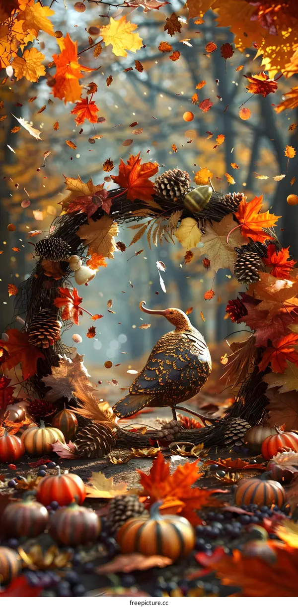 A bird standing on a branch in an autumn forest