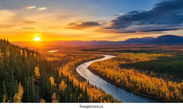 Autumn Sunset Over a Winding River in the Mountains
