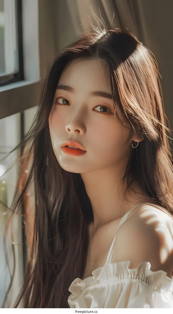 Portrait of a Beautiful Asian Woman with Long Hair in a White Dress