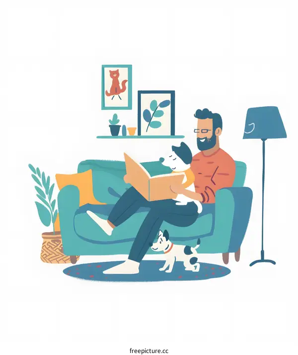Man Reading Book on Sofa with Two Dogs