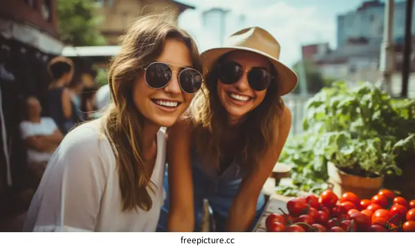 Two young women with sunglasses smiling at a farmer's market