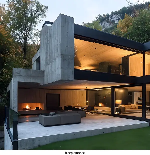 Modern Concrete House with Large Windows and Outdoor Patio