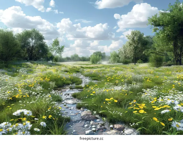 River Flows Through a Meadow Ablaze with Flowers